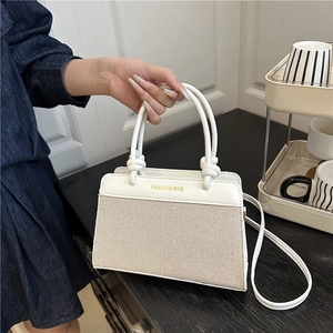 Women Handbag PU Leather And Canvas Linen Splicing Color Block Crossbody Shoulder Bag Trendy Simple Elegant For Lady