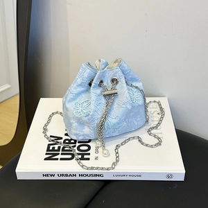 Sky blue lace bucket bag with butterfly embroidery and silver chain strap for women