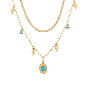 Collana a doppio strato in acciaio inossidabile dorato con catena a serpente e turchese