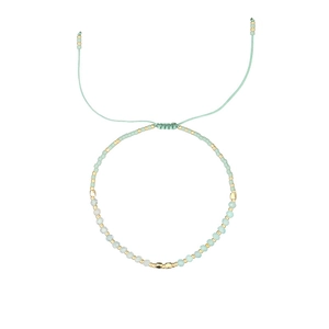 Adjustable woven bead bracelet with mint green and blue stones and gold metal beads