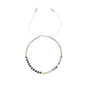 Detail of Morse code beaded bracelet with adjustable grey cord and stone beads