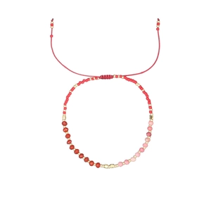 Detail of adjustable Morse code bracelet with colorful faceted beads and woven red cord