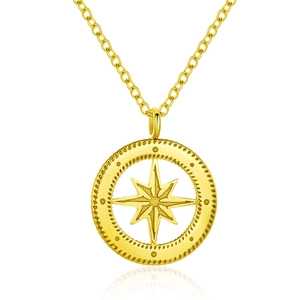 Titanium steel necklace with gold compass star pendant on a white background