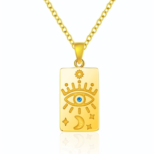 Gold stainless steel square pendant necklace featuring embossed evil eye and celestial sun