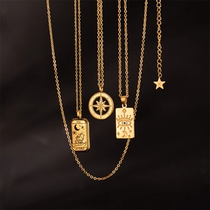 Golden titanium steel necklace set featuring tarot lion square and compass star pendants