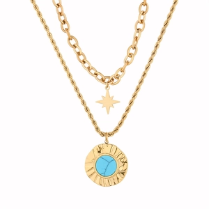 Detail of layered gold necklace with star charm and turquoise stone circular pendant