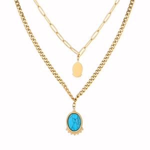 Detail of vintage gold layered necklace with turquoise oval pendant and paperclip chain