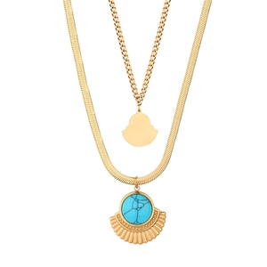 Detail of double-layer gold snake chain with turquoise stone and fan-shaped pendants