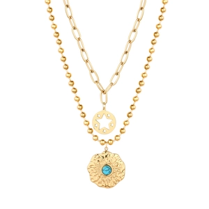 Gold stainless steel layered necklace set featuring a turquoise pendant and star charm