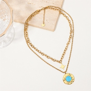 French vintage double layer stainless steel gold necklace with turquoise and star charms
