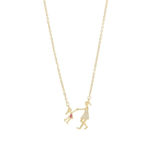 Golden mother and daughter pendant necklace with red and white zircon inlays