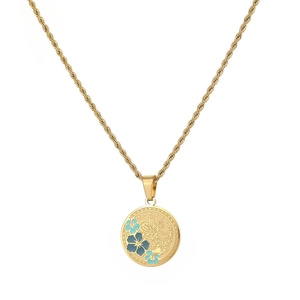 Elegant gold stainless steel necklace featuring a round floral blue enamel pendant