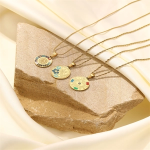 Gold bohemian stainless steel necklace set with sun totem and floral enamel pendants