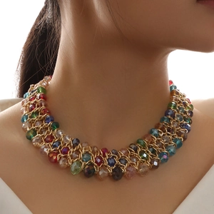 Mehrlagige Gewebte Statement Halskette Legierung Glas Kristall Kunstperle Boho Vintage Choker Damen