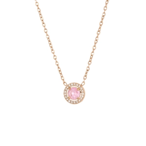 Close-up of rose gold necklace featuring a round pink zircon pendant with white stone halo