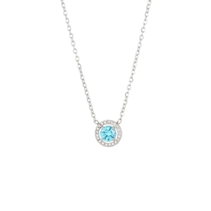 Detailed view of silver halo pendant with sky blue center stone and crystal border