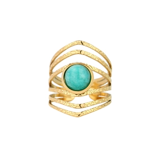 Detail of adjustable hollow wave ring with turquoise stone and hammered gold finish