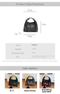 Detailed size specifications for a printed canvas tote with three floral patterns