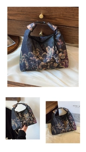 Dettaglio della borsa a tracolla con fiori vintage e trama in seta con fibbia