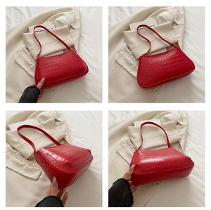 Detailed multi-angle views of red crocodile embossed PU leather shoulder bag for women