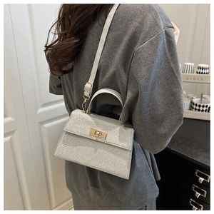 Silver glitter crossbody bag with gold metal clasp shown in a modern interior setting