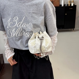 White lace butterfly embroidery bucket bag with silver drawstring and pearl chain strap