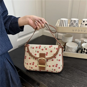 Sac À Bandoulière Imprimé Cerise Rétro Français Toile Cuir PU Boucle Métallique Sac Carré Sac Sous Le Bras Femmes