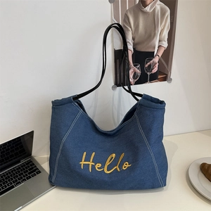 Women Denim Tote Bag Large Capacity Hello Letter Embroidery Casual Shoulder Handbag Canvas Denim Shopper Bag