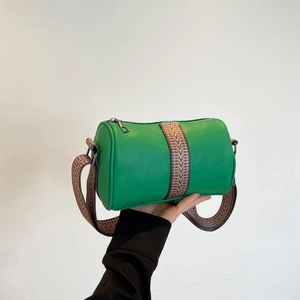 Damen Mode Litschis-Maserung PU-Leder Zylindertasche Mit Breitem Geometrischem Jacquard-Gurt Lässige Retro Umhängetasche