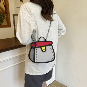 2D-Cartoon-Stil Canvas Umhängetasche mit roter Klappe und Kette für Damen