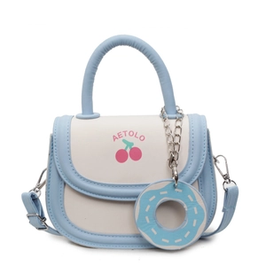 Cute cream and light blue saddle bag with cherry print and donut pendant handle