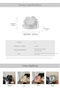 Detailed size chart and four color options for the embroidered bucket tote bag