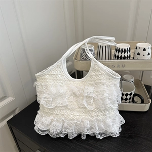 White Lace Ruffled Tote Bag Large Capacity French Vintage Sweet Shoulder Bag With Magnetic Closure For Women Daily Commute
