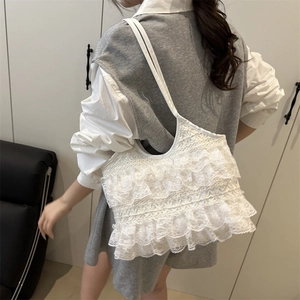 Elegante borsa tote in pizzo bianco con balze a strati per donna a spalla casual