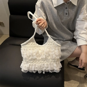 Elegant white lace ruffled tote bag with tiered layers and slim shoulder strap