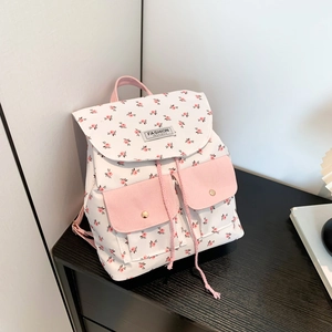 Fashion Backpack Women Floral Print Canvas Sweet Schoolbag Drawstring Flap Closure Dual Pockets Casual Travel Girls