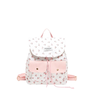 Floral print canvas backpack for women with dual front pockets and drawstring closure