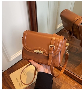Close-up of a brown crossbody bag featuring a golden metal twist lock and slim strap