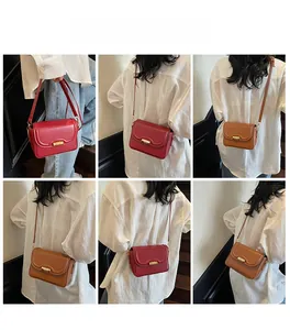 Detailed views of women's crossbody square bag showing red and brown colors on a model