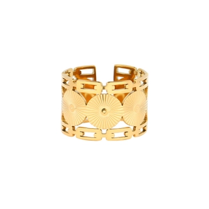 Adjustable golden stainless steel open ring with sun medallion and hollow chain design