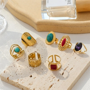 Vintage Bohemian Turquoise Open Ring Stainless Steel Hollow Geometric Adjustable Gemstone Finger Jewelry For Women
