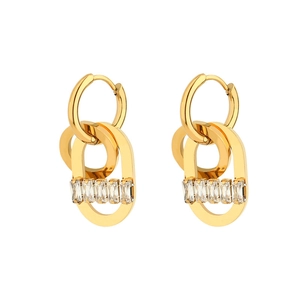 Detailed macro of gold-plated interlocking oval earrings with clear zircon stones
