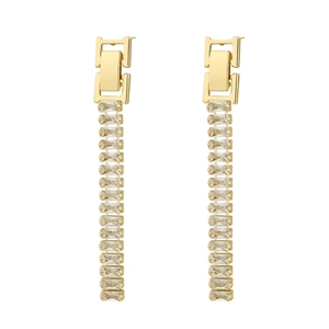 Elegant 18K gold plated stainless steel long drop earrings with baguette cut crystals