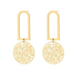 Detailed macro view of gold hollow leaf patterned geometric pendant earrings with a polished finish