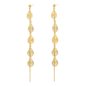 Elegant gold stainless steel dangling earrings featuring hollow leaf tassels on white base