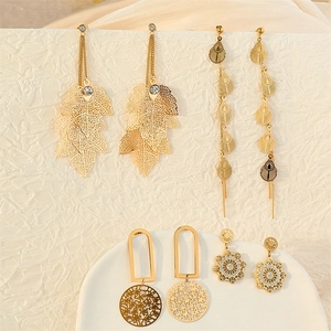 Elegant gold hollow maple leaf and petal long tassel earrings set for women