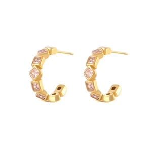 Gold C-shaped hoop earrings with square pink zircon stones in a minimalist design