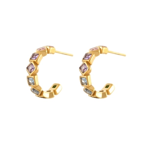 Elegant gold C-shaped hoop earrings with colorful square zircon stones for women
