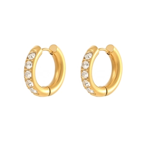 Close-up of golden stainless steel hoop earrings with five sparkling cubic zirconia stones