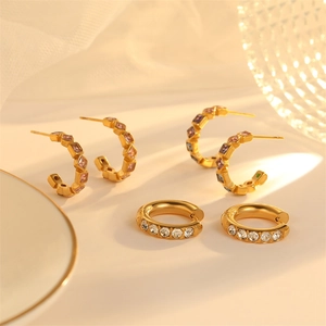 Stainless Steel C-Shape Hoop Earrings With Cubic Zirconia Rhinestone Geometric Minimalist Jewelry For Women